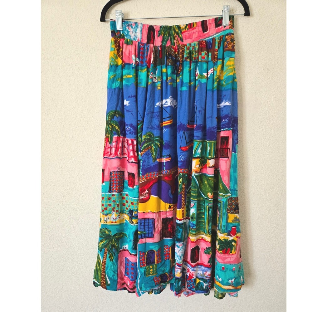 Vintage Carole Little Womens 4 Midi Skirt Multicolor Tropical Village Rayon USA - Picture 6 of 11